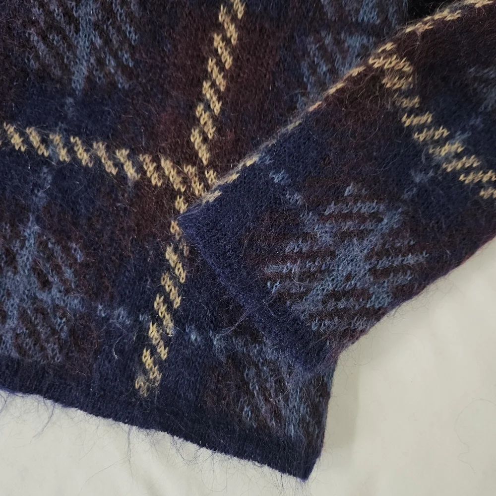Vintage Mohair Blend Plaid Oversized Cardigan Sweater Navy Burgundy Tan M - Picture 8 of 11